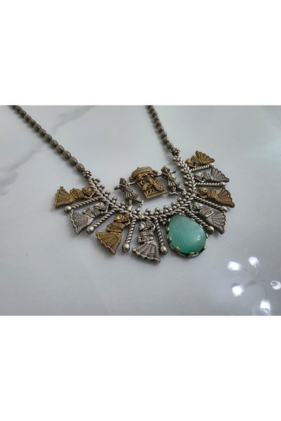NirVee Vintage-Style Oxidized Tribal Statement Necklace with Green Center Stone