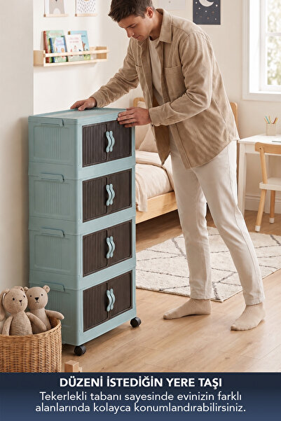 Lavine ”MEDIUM” 4 Katlı Portatif Dolap Organizer 30LT Çok Amaçlı Mıknatıs Kapaklı, Katlanır, Tekerlekli