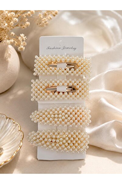 fashıon jewerly مشبك نسائي مرصع باللؤلؤ الأبيض 4 قطع