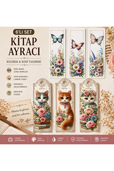 6’lı Set Kitap Ayracı | Sevimli Kedi Tasarımlı | Lamine Kaplama | Canlı Renkli Özel Baskı Ayraç Seti