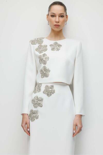 Moda İlgi Modailgi Taş Çiçek Yapıştırma Crop Ceket - 35035 Ekru