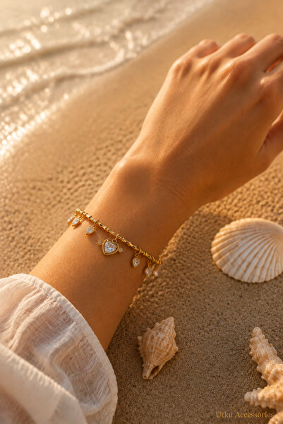 utkuergin Ysx Gold Adjustable Heart and Stone Steel Bracelet