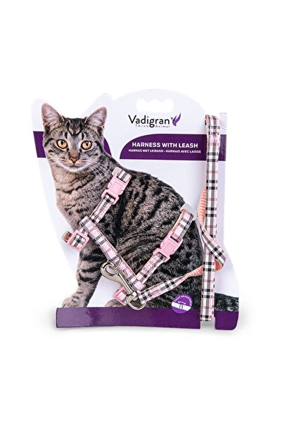 VADIGRAN Tartan Σαμαράκι & Λουρί Γάτας Ροζ 30-35cm/10mm + 120cm