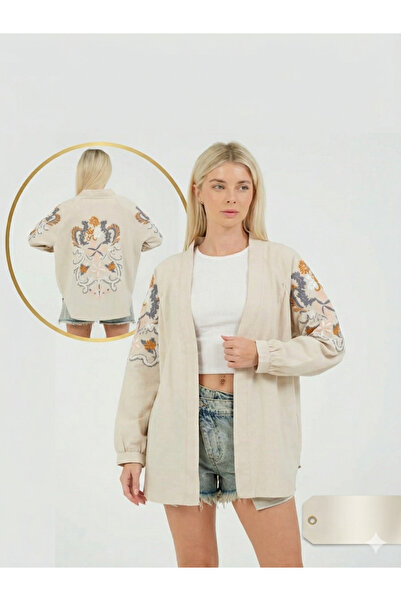 Roza Moda Collection Kadın Bej Kolları Ve Sırtı Etnik Nakış İşlemeli Bohem Ki...