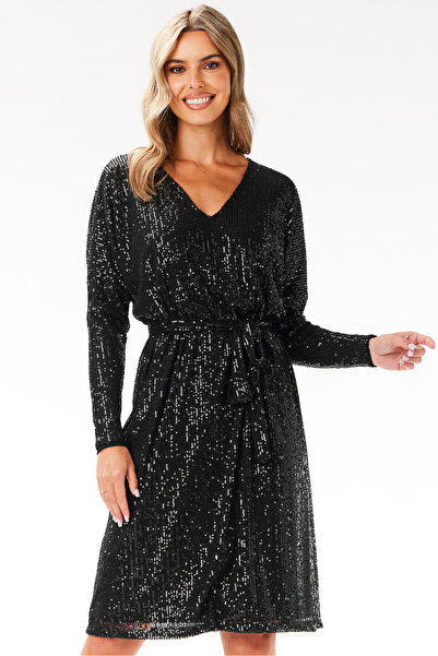 Awama Rochie midi trapez Awama, decolteu V, paiete, negru, poliester-elastan,...