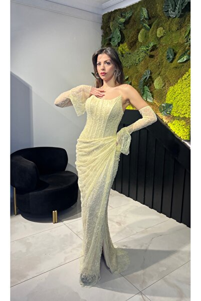 Invito Haute Couture Abiye Dantel Elbise, Dantel Eldivenli, Kolsuz, Balen Det...