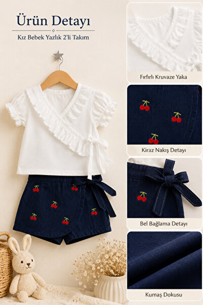 MYZİ STORE Cherry Embroidery Baby Girl 2-Piece Set Ruffled Double Breasted Bl...