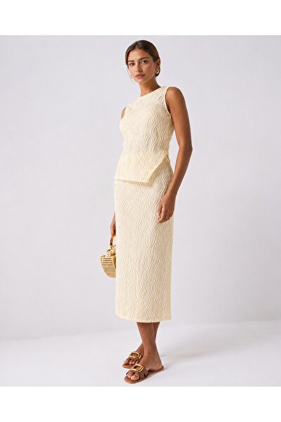 Merlot Жълта памучна текстурирана мидакси пола с еластична талия
