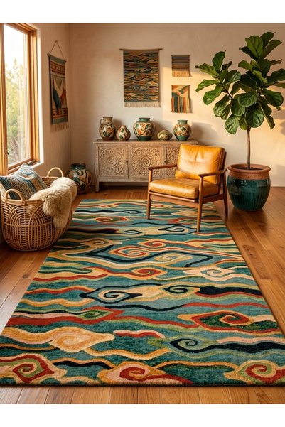 Rugs Modern Halı Sdt Japanese Art Themed Wavy Blue and Orange Traditional Wov...