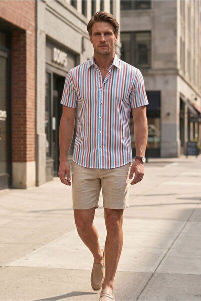 Louis Fabel Short-Sleeved Men's Shirt with Multi-Colored Pattern on a White B...