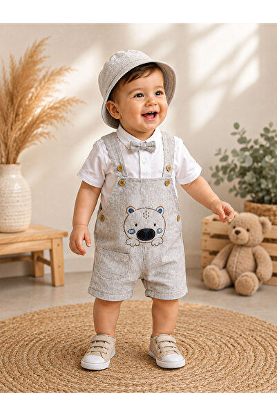 Nehad Bebe Baby Boy Linen Salopet Set with Hat and Bow Tie, 3-Piece Baby Comb...