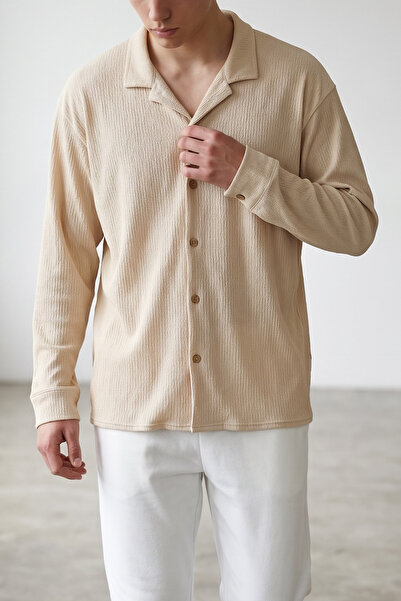modasende Men's beige crinkle fabric long sleeve polo shirt
