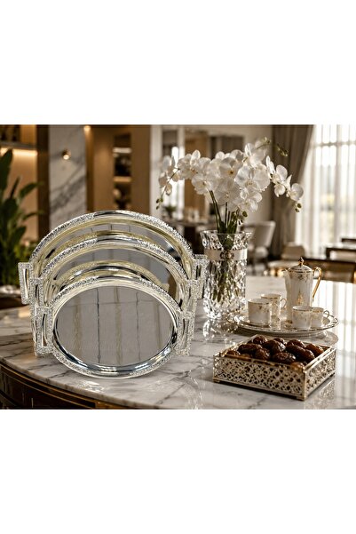 Generic Oval Tray Set 3 Sizes Gravity Silver and Crystal Purity