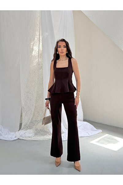 LE CARAMBOLE Women's Brown Square Neck Blouse Pants Double Set