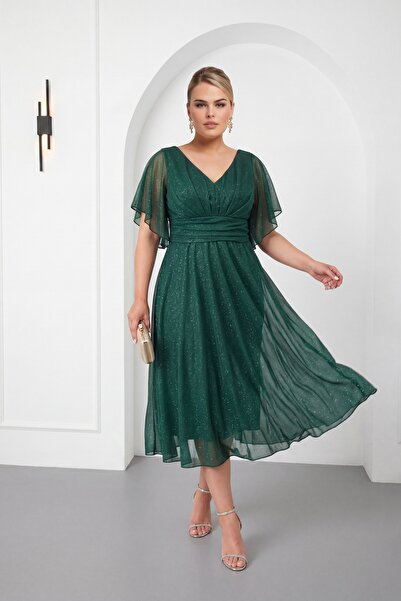 Lafaba Women's Emerald Green V-Neck Glittery Plus Size Flared Evening Dress