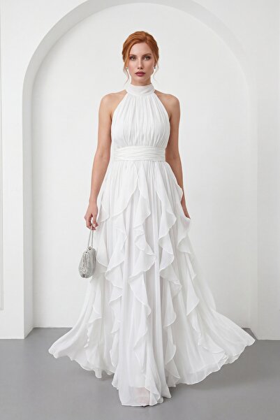 Lafaba Women's White Halter Neck Ruffled Long Formal Dress