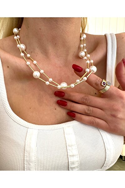 GLARE JEWELRY CO قلادة من الفولاذ المقاوم للصدأ بسلسلة مزدوجة من حجر اللؤلؤ 4...