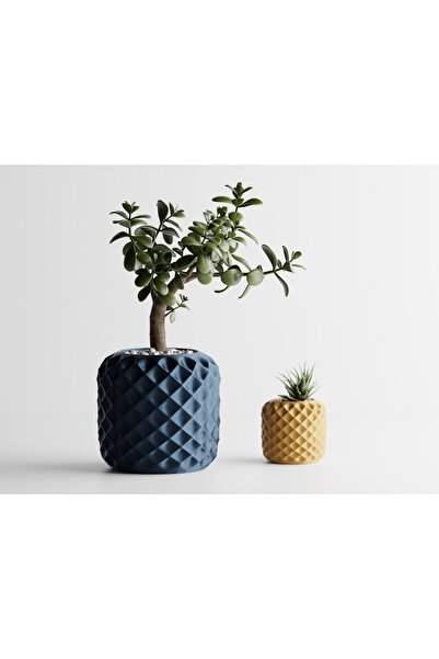Tasarım CrystalBloom Dekoratif Saksı - Lacivert Kabartmalı Bitki Saksısı 6 cm