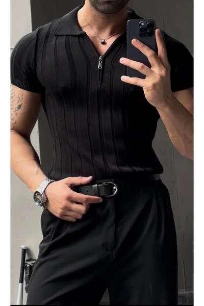 Kendinden Şeritli Fermuarlı Regular Fit Polo Yaka Triko