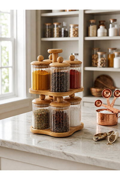 Sofia 8-Piece Seta Spice Set with Rotating Stand and Glass Wooden Lid