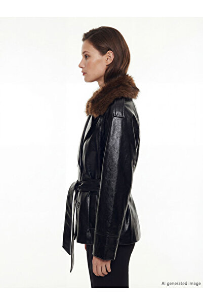 LC Waikiki Rmz Gi̇yi̇m Farkiyla Women's Leather Look Jacket with Fur Collar