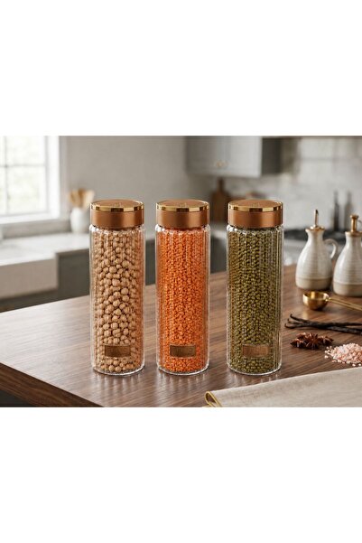 Sofia 3-Piece Glass Pearl Jar with Metal Lid 1000 ml