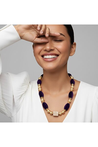 COCOSH TAKI Purple Velvet Large Beaded Gold Detailed Custom Design Necklace