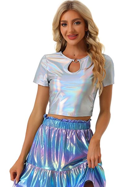 Allegra K Metallic Crop Tops for Women Keyhole Short Sleeve Halloween Party S...