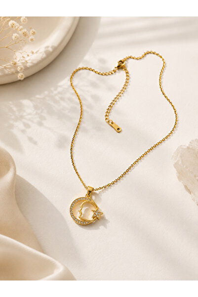 Archhazel Jewelery Moon Star Zircon Stone Steel Necklace