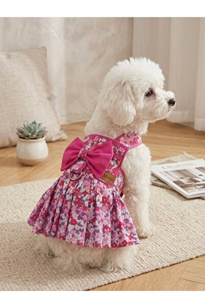 bellorsi Premium Elbise Görünümlü Kedi Köpek Tasması Pembe Çiçek Desenli Kıyafet