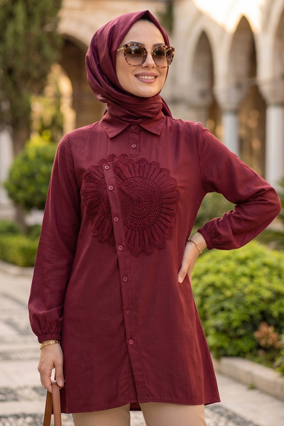 N.S NEVA STYLE Lace Pattern Detailed Burgundy Hijab Tunic 50381Br