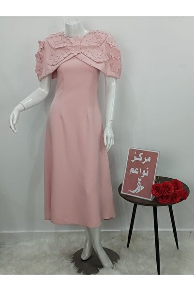 NAWAEIM فستان سهرة باربي وردي ناعم بقصة ميدي وكاب مزين بزهور بارزة ولؤلؤ - مث...