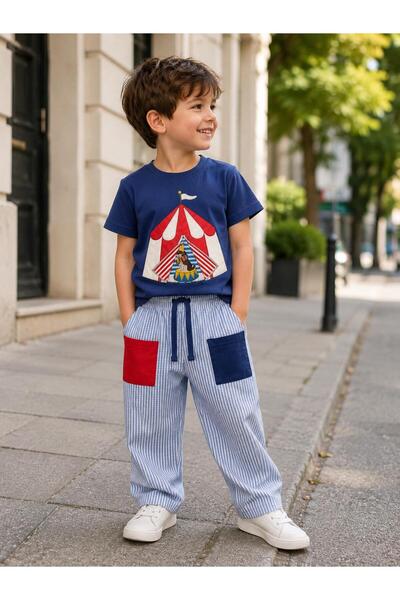 elzo collection Unisex Çocuk Sirk Temalı Pamuklu Çizgili Pantolon Baskılı T-s...