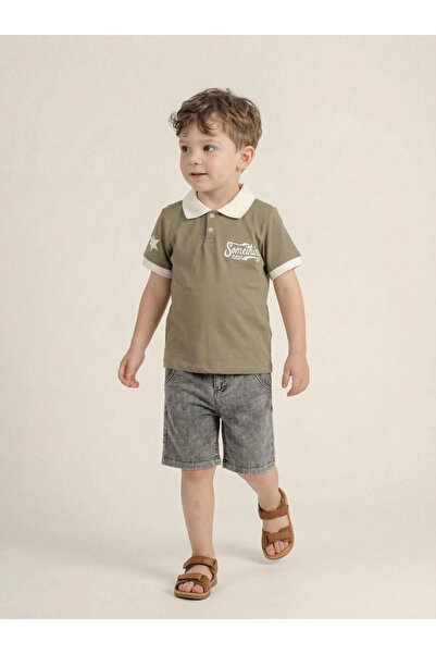 Bontino Boy's 100% Cotton Polo Collar T-Shirt and Adjustable Waist Denim Shor...