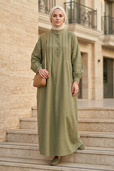 FERHEL Rochie musulmană din țesătură cu nasturi și nervuri pentru femei, kaki