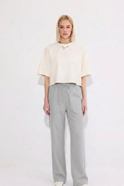 MATERIAL Women's Elastic Waist Wide Leg Gray Linen Trousers