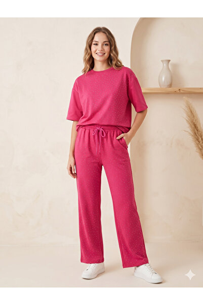 Salvi Women's Shiny Stone Detailed Short Sleeve Two-Piece Tracksuit Set