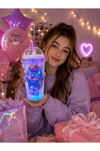 Lexi Bella 450 ML Led Işıklı Pipetli İçecek Bardağı Boncuklu Sevimli Unicorn ...