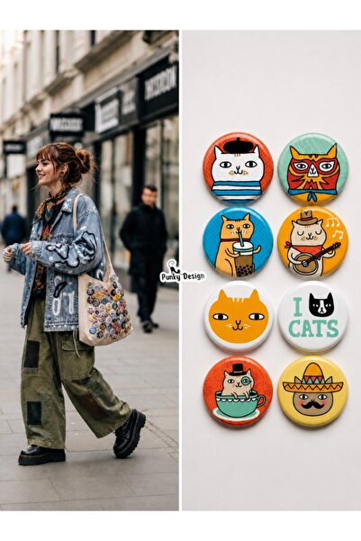 Punky Store 8'li Set-8 | Kedi Temalı Rozet Seti Sevimli Renkli Cat Desenli Ka...