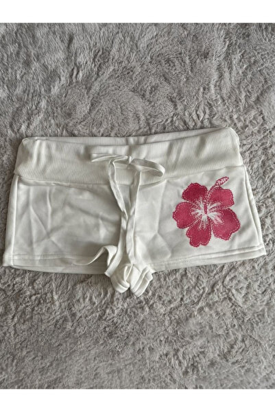 İsra Ayyıldız Moonstar Collection Beyaz Siyah Hibiskus Çiçeği İpli Y2K Mini Şort