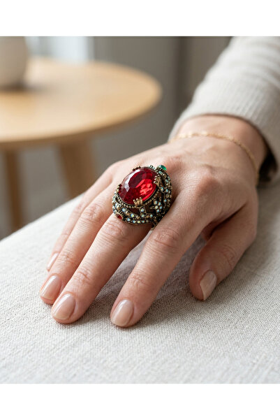 Dorvina Bronze Vintage Women's Ring Authentic Copper Jewelry Red Crystal Ston...