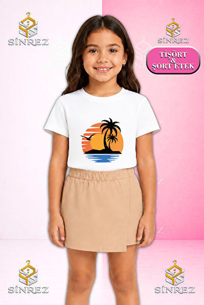 SİNREZ Girl's Set Palmiye Deniz Gunes Printed Short Sleeve T-Shirt Shorts Skirt