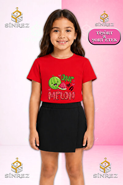 SİNREZ Girl's Set Watermelon One Melon Printed Short Sleeve T-Shirt Shorts Skirt