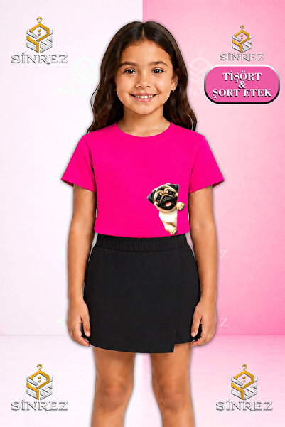 SİNREZ Set pentru fete KOPEK PUG YANDAN YARM Tricou cu mânecă scurtă imprimat...