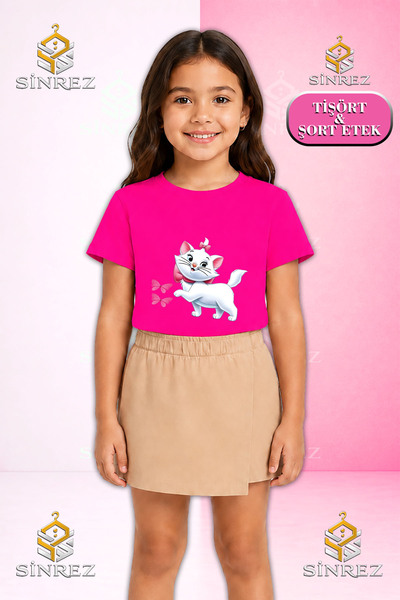 SİNREZ Set pentru fete CAT, BUTTERFLY, cu imprimeu, tricou cu mânecă scurtă, ...