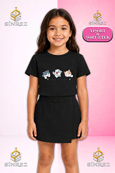 SİNREZ Set pentru fete cu imprimeu CAT BEST FRIEND, tricou cu mânecă scurtă, ...