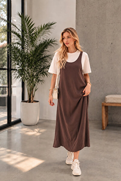Lusin Women's Brown Twst Model Modal Fabric Long Jile Dress 2-Piece Set