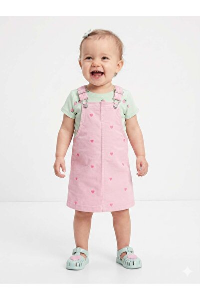 GAP Kids Gap Kız Bebek Pembe Kalp Nakışlı Denim Salopet Jile Elbise 0-5 Yaş P...