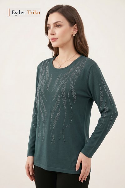 Eşiler Triko Women's Emerald Willow Leaf Patterned Mother's Combed Cotton Blouse with Stones on the Chest and Sleeves