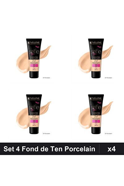 Eveline Set 4 Fond de Ten Selfie Time 2in1, Nuanta 01 Porcelain, 30ml